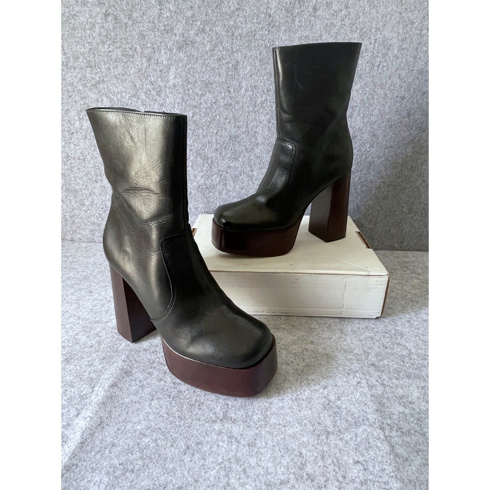Arezzo Black Leather Platform Ankle Boots Square Toe Wood Block Heel 10B